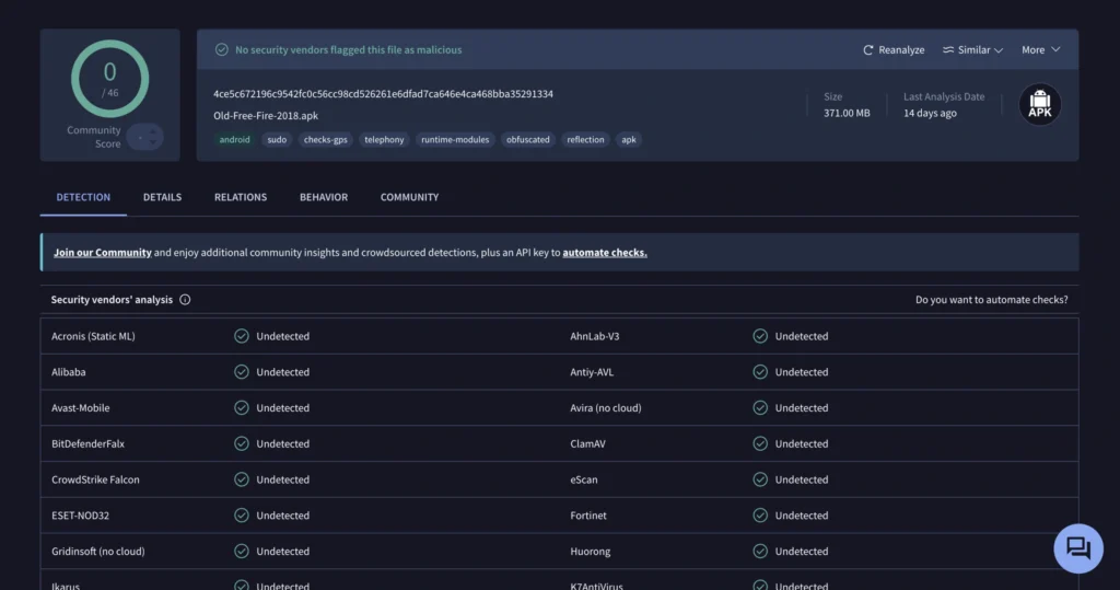 Old Free Fire 2018 Barbosa Server - Full Virustotal Safe Results