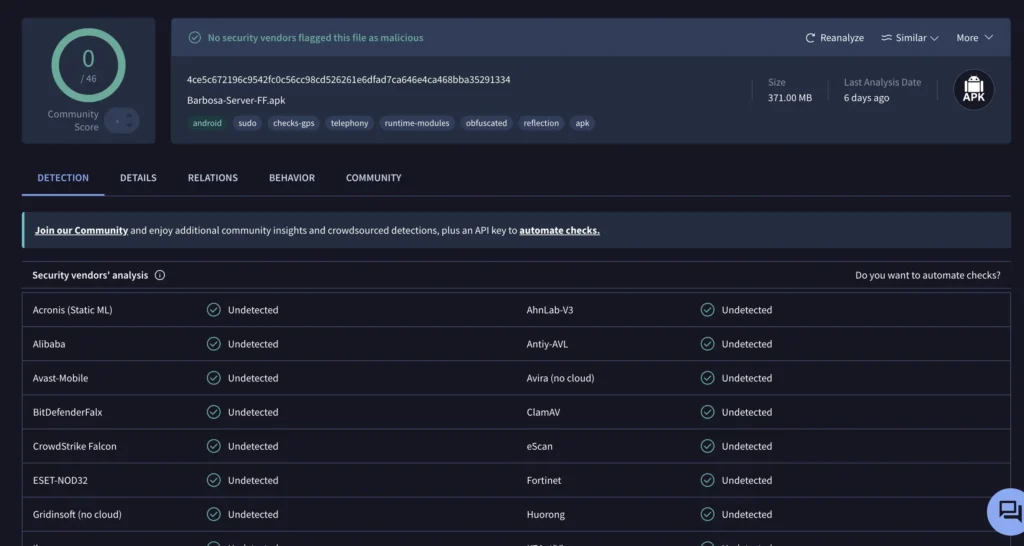 Old Free Fire 2018 Barbosa Server - Full Virustotal Safe Results
